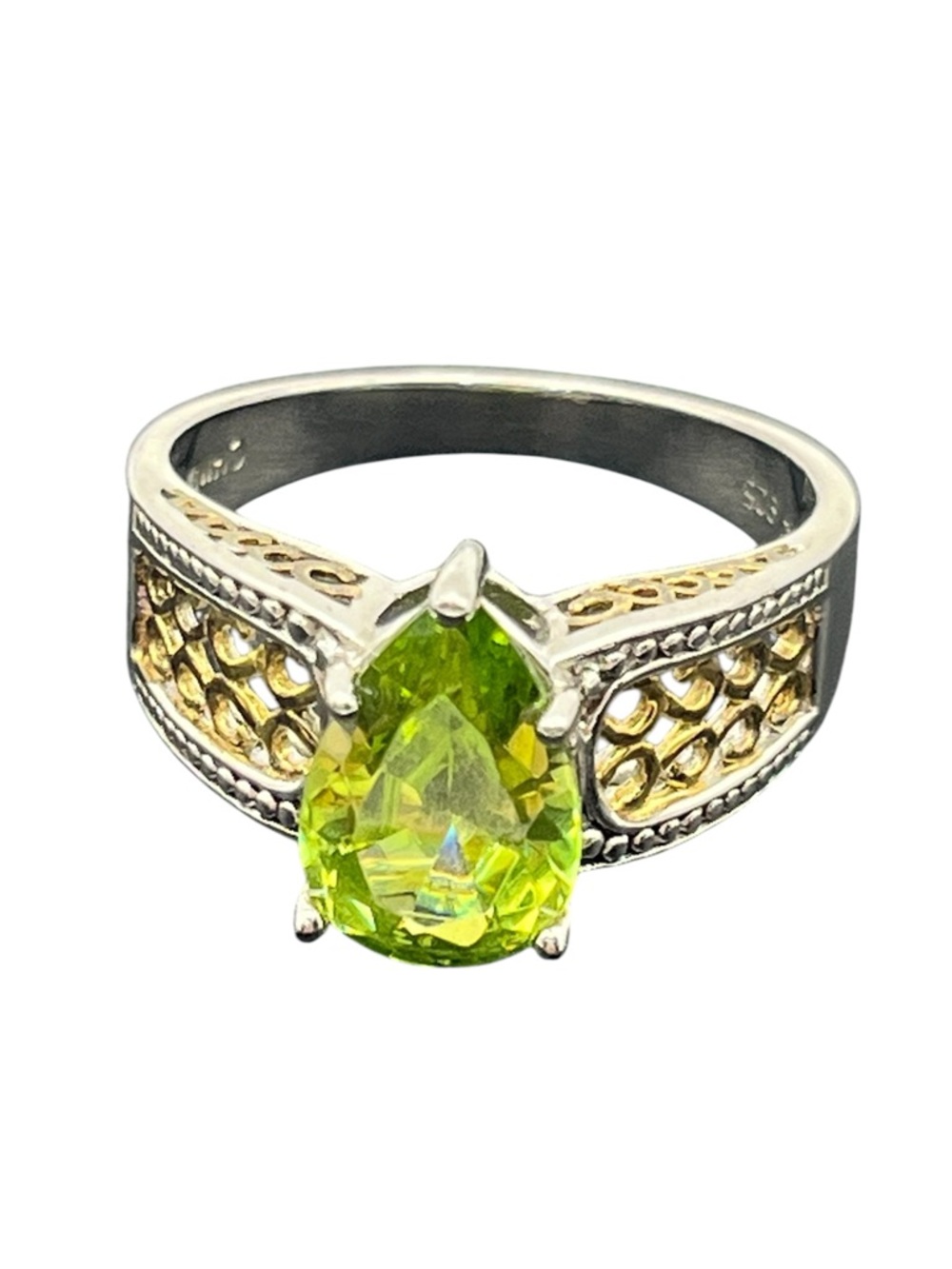 Green pear CZ sterling silver & gold tone cocktail ring size 10